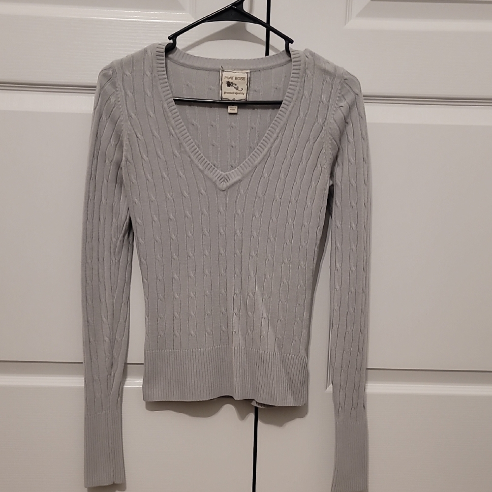 Pink Rose Gray V-Neck Cable-Knit Sweater